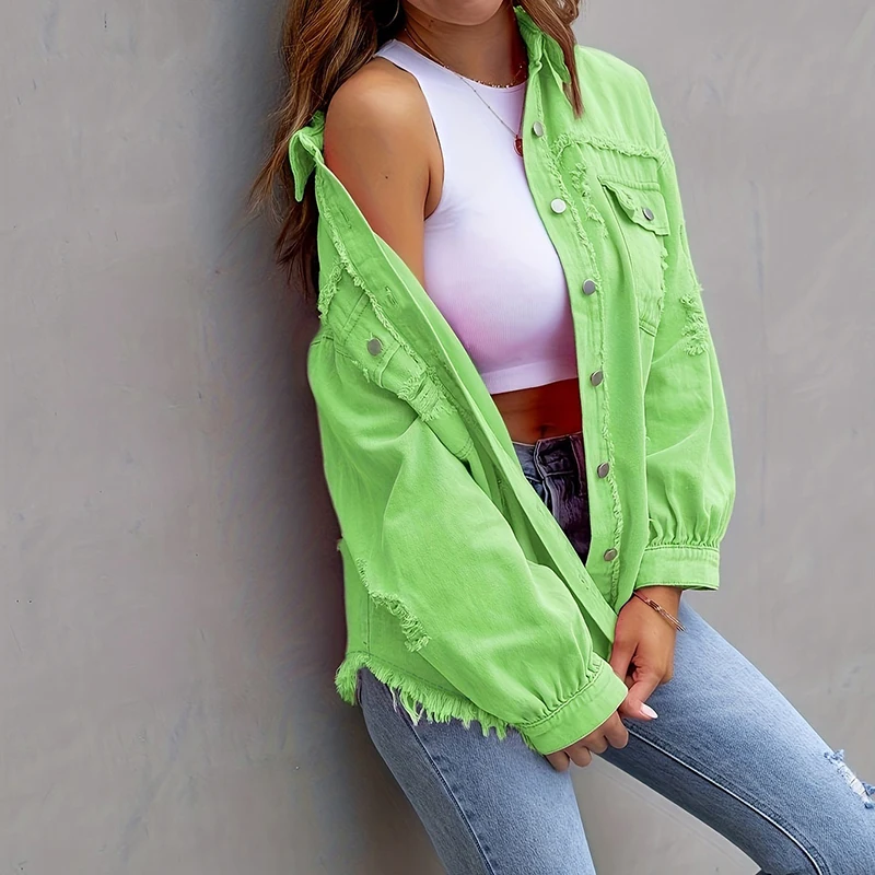 Женская джинсовая куртка повседневная однотонная с длинными рукавами и