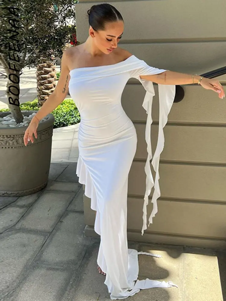 

BOOFEENAA Asymmetrical Ruffle Long Maxi Dresses Elegant Fashion White Black Birthday Dressed for Women Party Outfits C70-CB38
