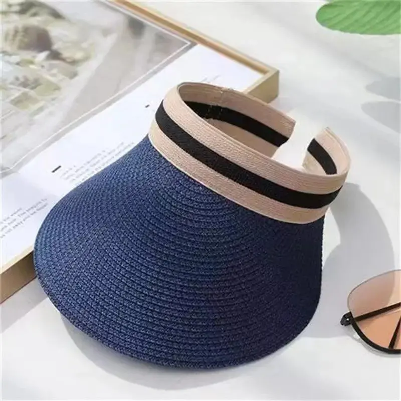 

Navy Blue Foldable Straw Sun Visor Hat with Wide Brim - Perfect for Outdoor Activities Beach and Picnics