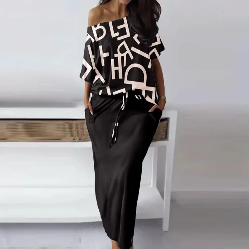 

Casual Half Skirt Set Elegant Chic Set Spring Summer Fashion Printed Strapless Top Elastic Waist Tied Half Skirt Two Piece Set