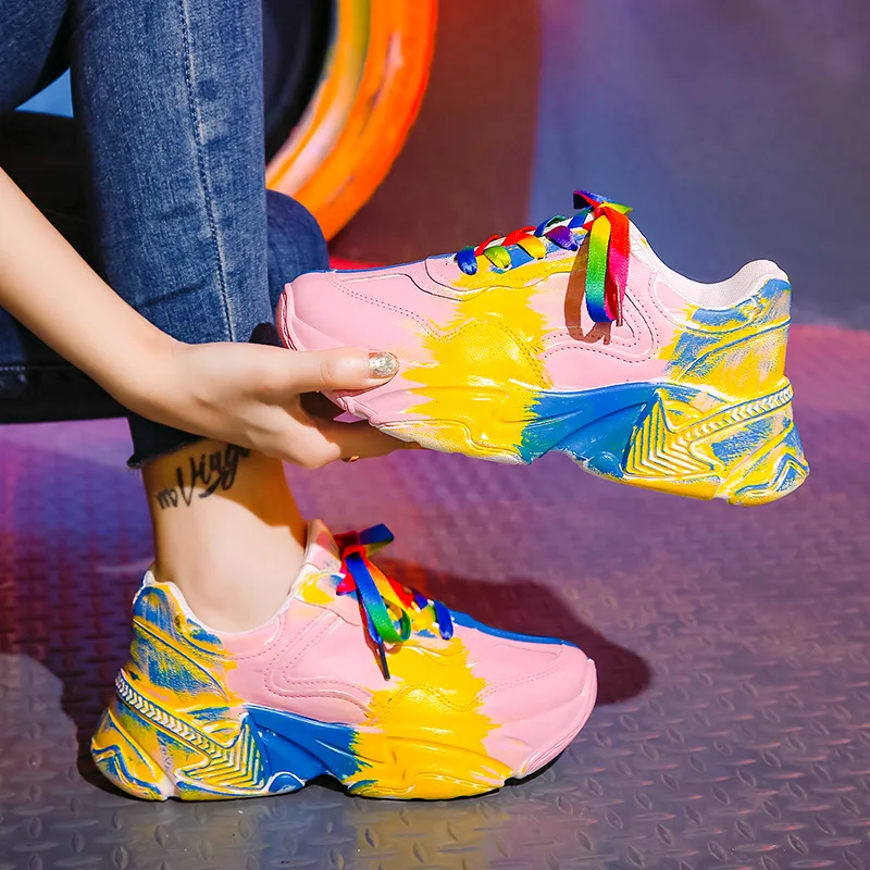 

Women Graffiti Chunky Platform Sneakers 2021 Woman Mix Color Flats Tennis Shoes Comfy Vulcanize Zapatillas Mujer