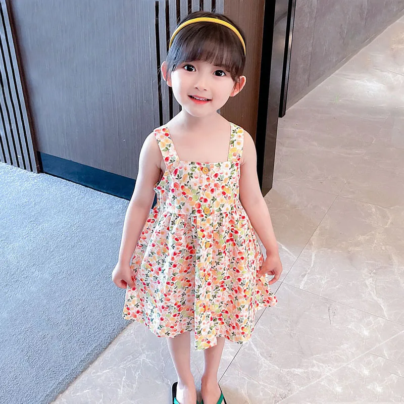

Fruits Print Dress Kids Girl Summer Clothes Korean Fashion Button Up Sleeveless Sling Dresses Holiday Party Sundresses Vestidos