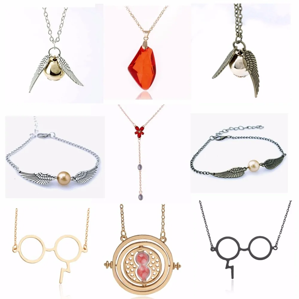 

Harry Potter Metal Necklace Red Stone Vintage Style Angel Wing Golden Snitch Pendant Necklace Action Figure Toys For Children