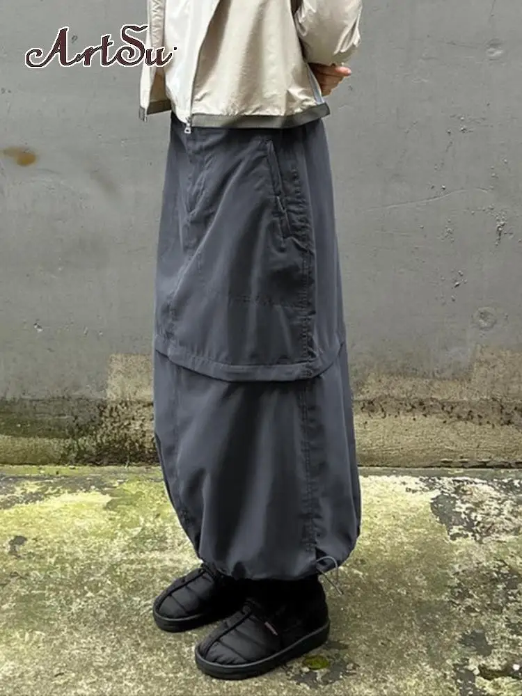 

Artsu Gray Casual Baggy Loose Size Cargo Skirts Womens Big Pockets Streetwear Drawstring Hem Low Waist Hippie Long Skirt