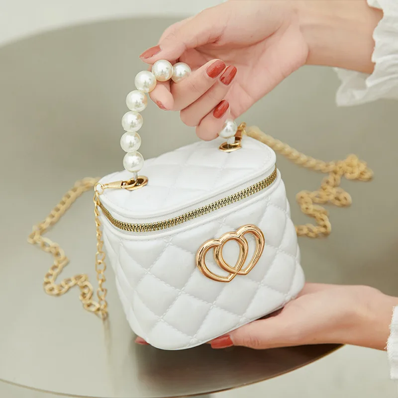 Double Love Heart Bucket Bag Pearl Tote Women Diamond Lattice PVC Cylinder Jelly Bag Zipper Chain Female Shoulder Messenger Bag