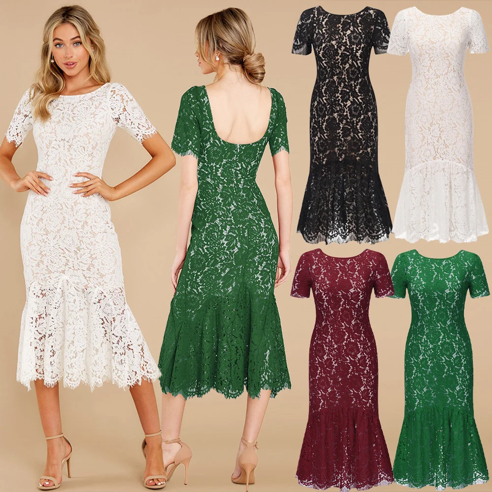 

2022 summer new lace dress elegant, slim, backless, medium and long dress women