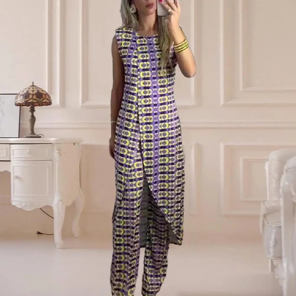 

Casual Solid Two-piece Set For Women Fashion Round Necked Sleeveless Long Top Loose Pants Suit 2023 Elegant Lady Chic Outfits
