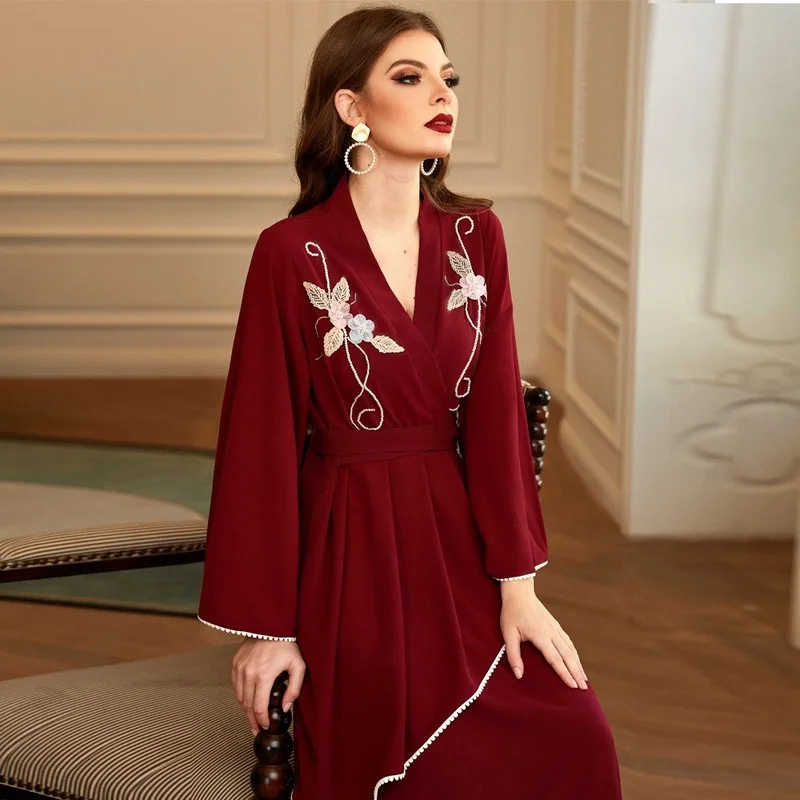 Dubai Handmade Pearls Dress Abaya Women Spring Fashion Flare Sleeve Eid Party Gown Robe Islamic Muslim Turkey Morocco Clothes
