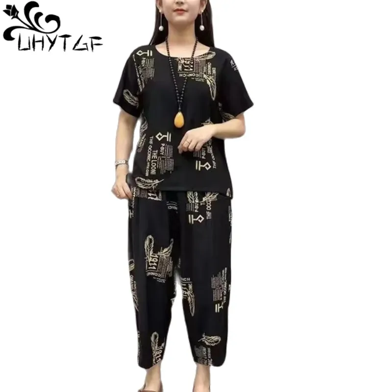 

UHYTGF 2022 Women's Tracksuit Fashion Printed Short Sleeve T-Shirt Summer Two Piece Set Women Korean Thin 5XL Loose Size Suit 33