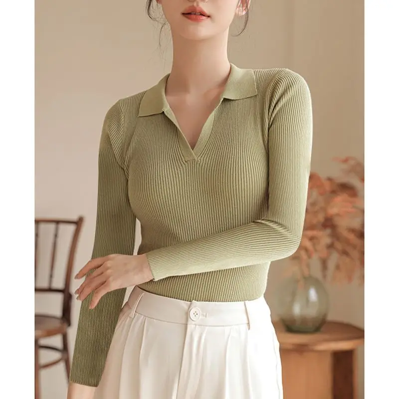 

Повседневные облегающие вязаные топы с отложным V-образным вырезом, женский тонкий свитер в Корейском стиле с длинным рукавом, Элегантная трикотажная одежда-поло, джемпер, базовый пуловер V482