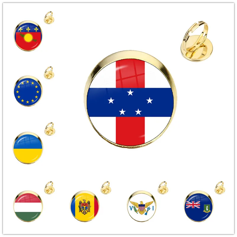 

Antilles,European Union,Ukraine,Hungary,Moldova,United States Virgin Islands National Flag Glass Cabochon Adjustable Rings Gift