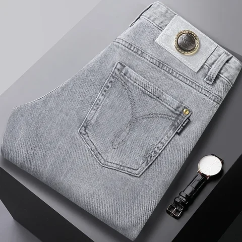 Тонкие мужские джинсы, роскошные брендовые высококлассные эластичные облегающие повседневные универсальные небольшие прямые брюки