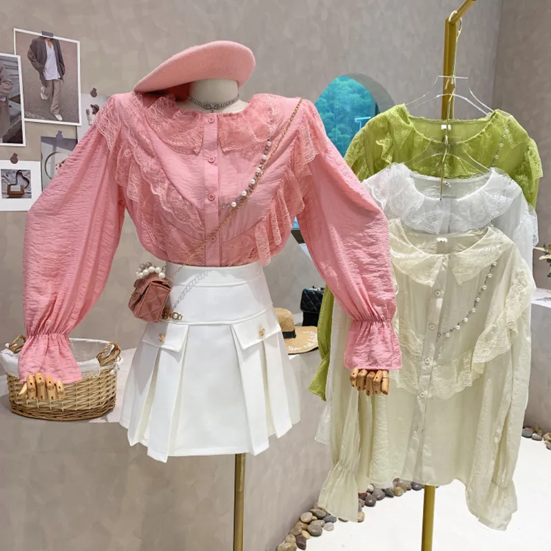 

New Women's Clothing 2022 Spring Beaded Ruffle lace Lapel flare Long sleeve loose shirt tops blusa feminina