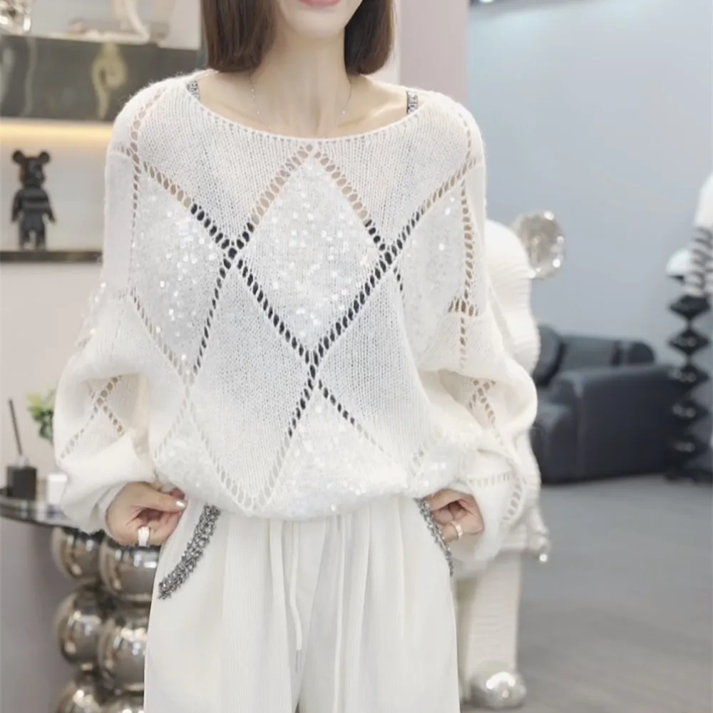Женский свитер с круглым вырезом повседневный теплый пуловер блестками в