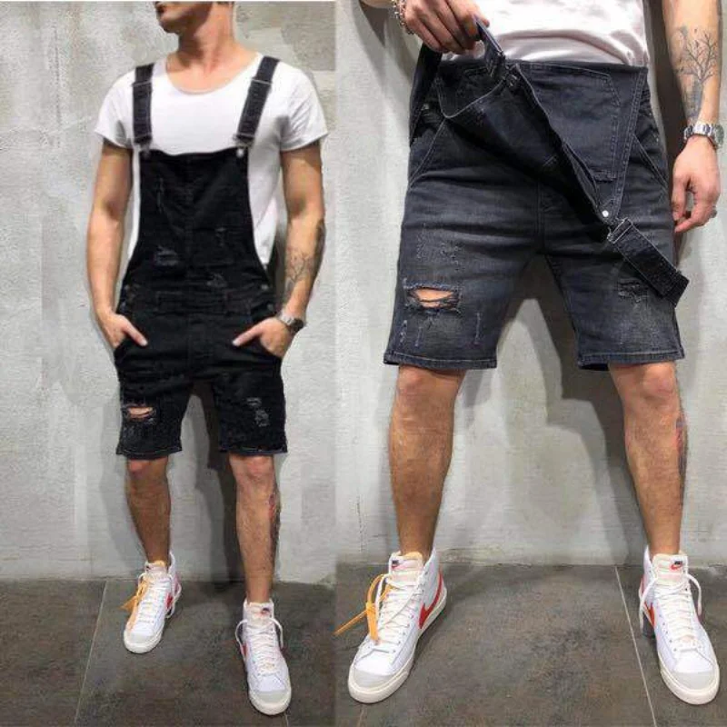 New Denim Bib Ripped Jeans Slim Streetwear Men's Shorts Cargo Pants Summer Fashion High Street Knee Length Overalls