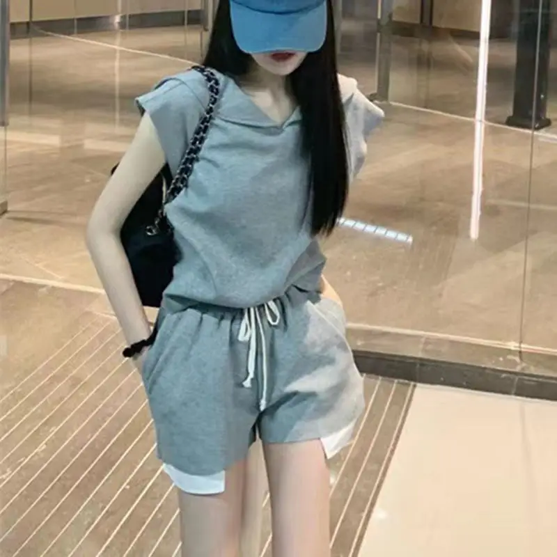 

621942 elastic waist gray colour 2022 spring woman shorts women casual cotton fashion short sleeve female shorts set