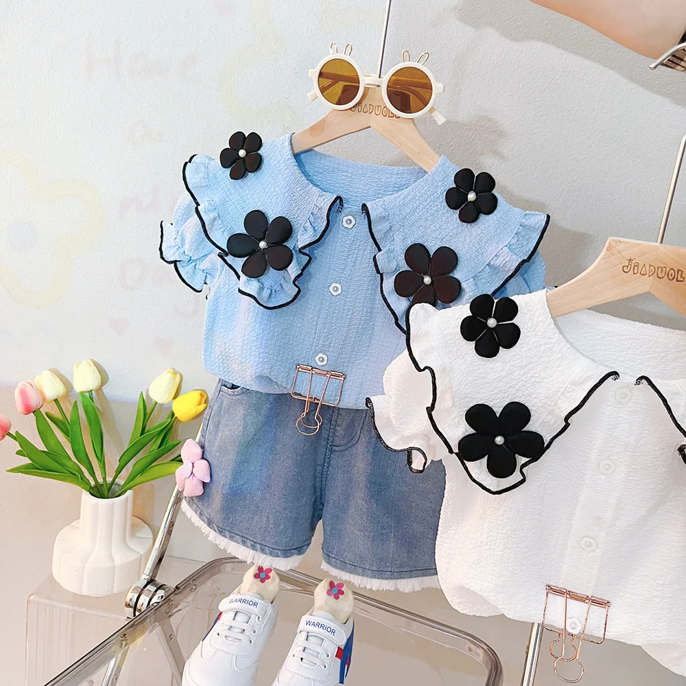 

New Summer Child Clothes Sets Short Sleeve Peter Pan Collar Flowers Blue Cute 2 Piece Sets Designer Girls Clothes Sets 12M-5T