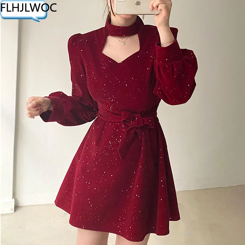 

Red Christmas New Year Party Velvet Dress Women Chic Korea French Design Style Sexy Hollow Out Slim Date Girls Feminine Vestidos