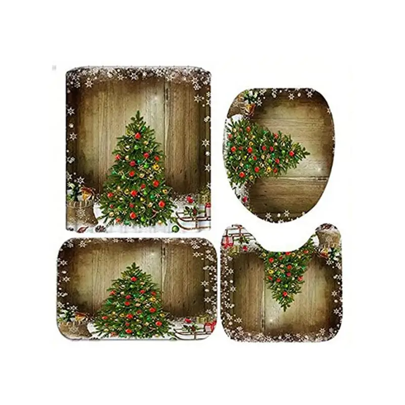 

Christmas Bolls Christmas Tree Windows Shower Curtains Waterproof Bathroom Curtain Toilet Cover Mat Rug Set For Bathtub Decor
