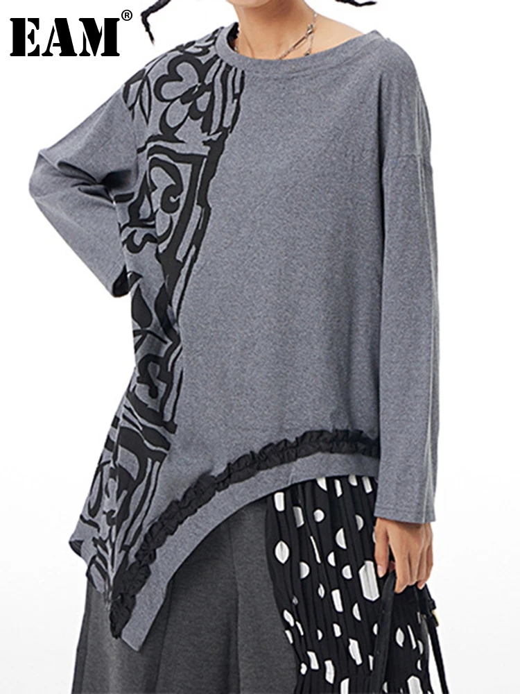 

[EAM] Женская футболка с принтом и асимметричным подолом большого размера, новая модная футболка с круглым вырезом и длинными рукавами на вес...