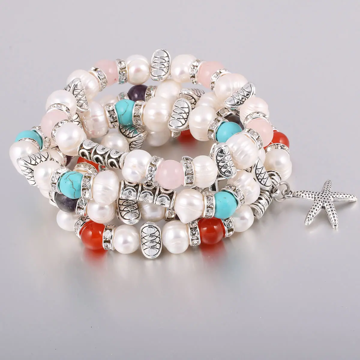 Starfish Shape Pendant Charm Freshwater Pearl Turquoise Zinc Alloy Beaded Bracelet Exquisite Accessories as a Gift for Women