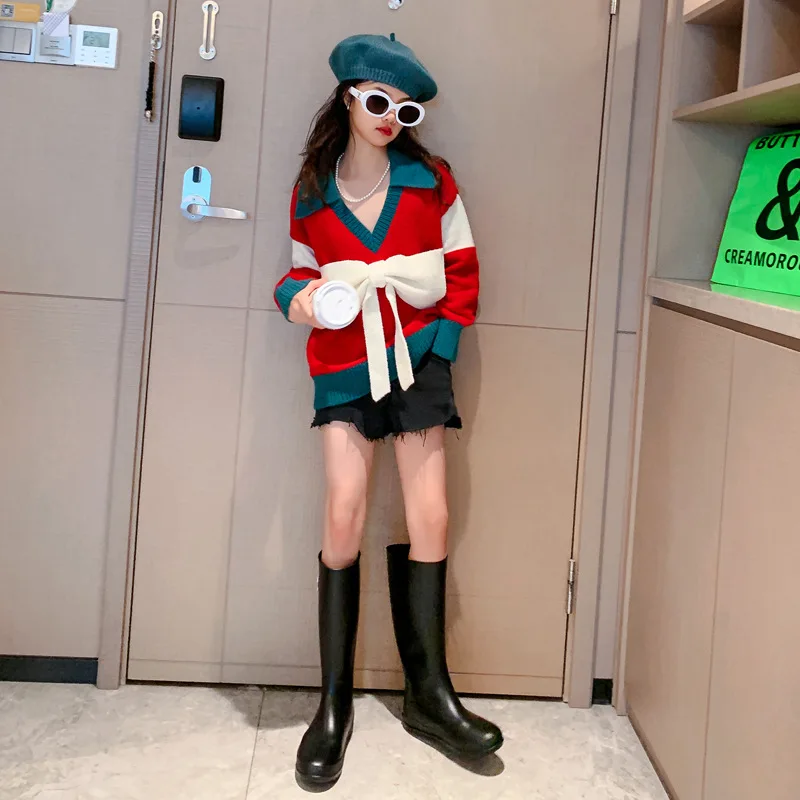 

Детская одежда для девочек, Модный повседневный вязаный свитер, топы, весна-осень, новые дизайнерские пуловеры с бантом, детская одежда