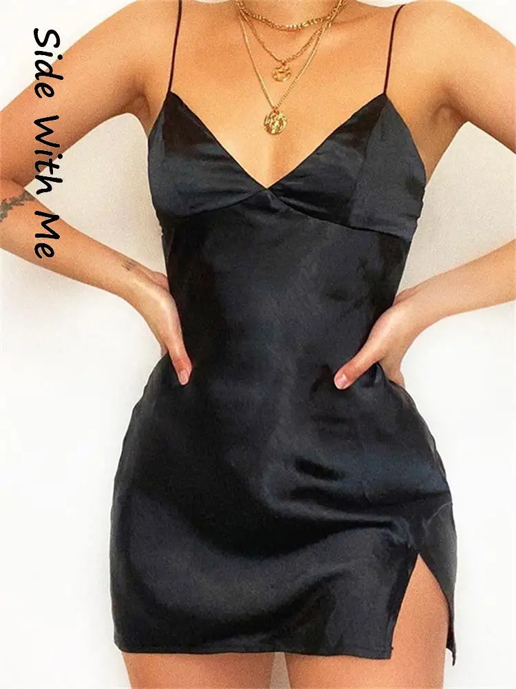

Side with Me 2022 Summer Party Sexy Mini Woman Dress Bodycon Spaghetti Strap V Neck Split Backless Women's Dresses