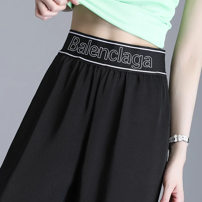 Брюки женские в рубчик с эластичным поясом и широкими штанинами свободные тонкие