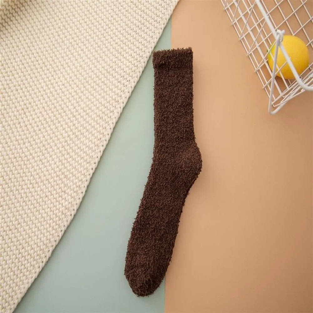 5 Pairs Autumn and Winter Plus Velvet Thickened Half Velvet Women Socks Solid Color Warm Coral Fleece Socks Sleep Floor Socks