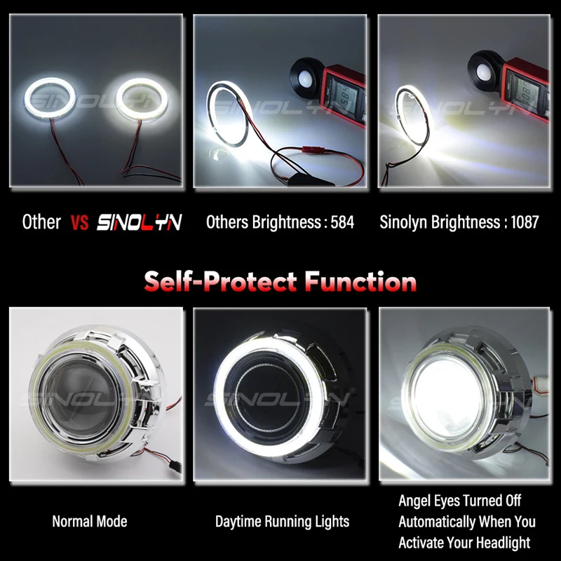 Фото Проекционные линзы Sinolyn 3 дюйма COB Angel Eyes Bi-Xenon для фар H7 H4, кольцевые фары Halo, автомобильные аксессуары, улучшение освещения №4