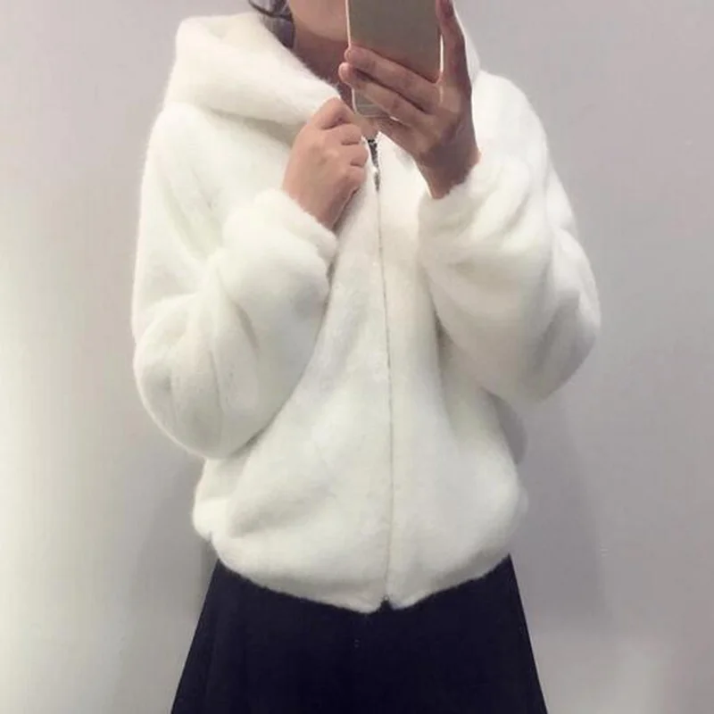 Fur Winter Soft Mink Faux Fur Coat Warm Artificial Fur Hooded Oversized 2023 Fashion Women White Black Jacket Rabbit Imitation
