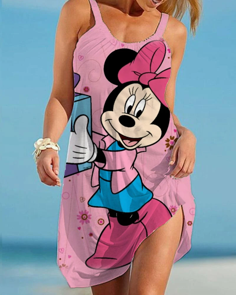 Hot Sale Women's Beach Dress Sleeveless Elegant Dress Cartoon Loose Sling Minnie Mouse Sexy Women's Disney Print New Nightdress