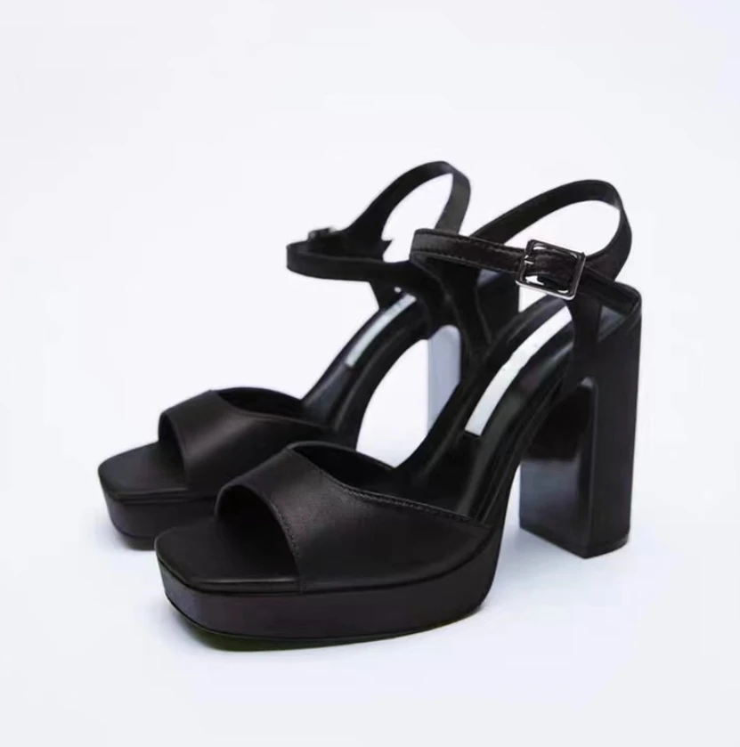 

Женские босоножки на высоком каблуке, черные босоножки с квадратным носком и ремешком с пряжкой, обувь на толстом каблуке для весны и лета, ...