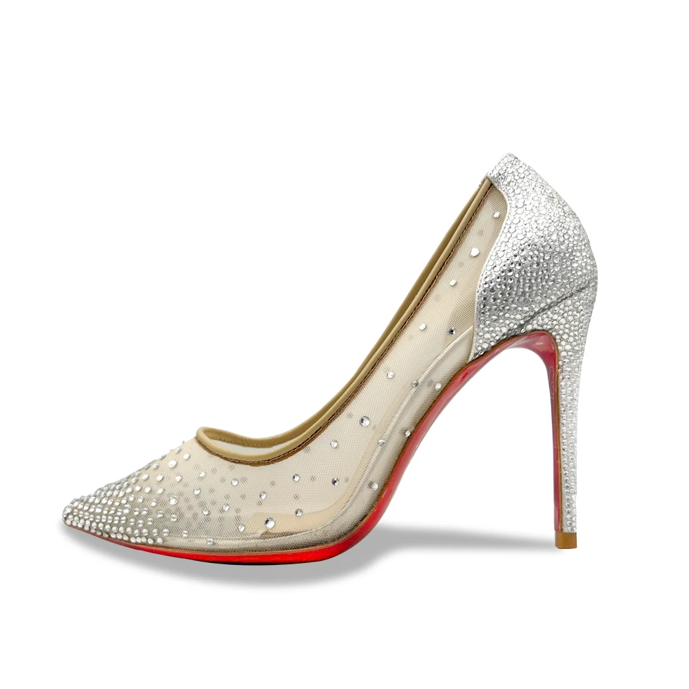 

Woman's Red Bottom Sole Stilettos Pointed Toe Pumps High Quality Mesh Fabric Silver Rhinestone Decoration Shoes Sheepskin