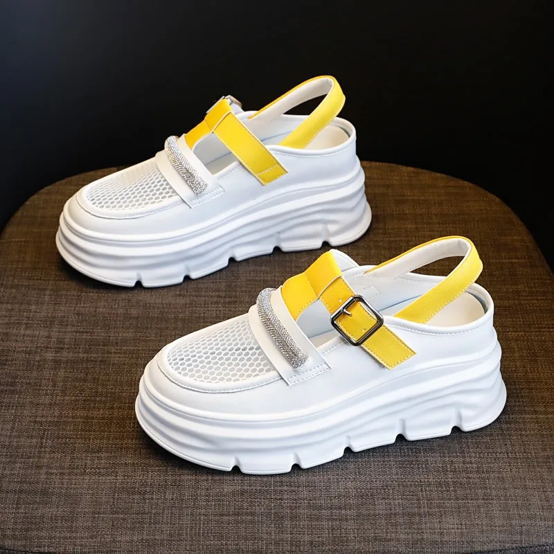 Designer Rhinestone Sports Sandals Sneaker Women Summer Shoes 2023 Genuine Leather Platform Sandal Hollow Mesh Slides Flip Flops