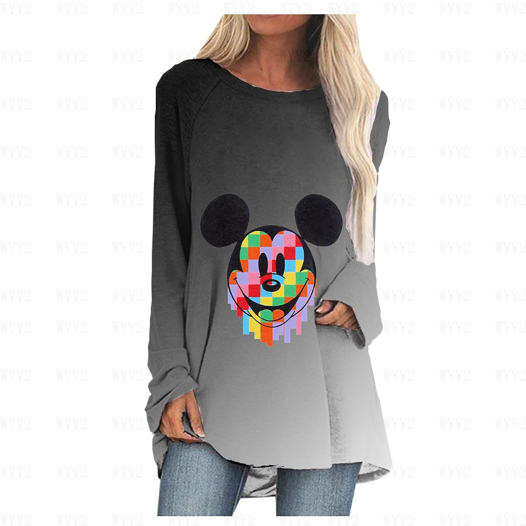 

Disney Minnie Mickey graffiti print loose women's T-shirt long-sleeved cartoon print O-neck autumn and winter women's T-shirt