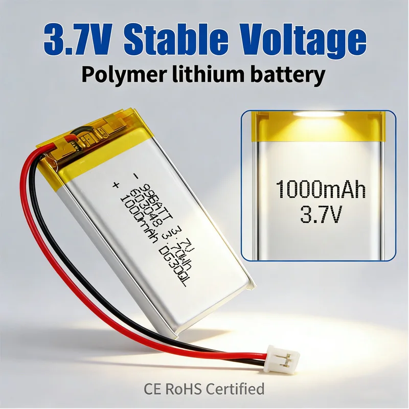 Фото Аккумулятор LiPo 3.7В 1000мАч 603048 с разъемом JST 2.0мм 2-контактный для MP3, GPS, DVD, Bluetooth-рекордера, гарнитуры, электронной книги, камеры №1