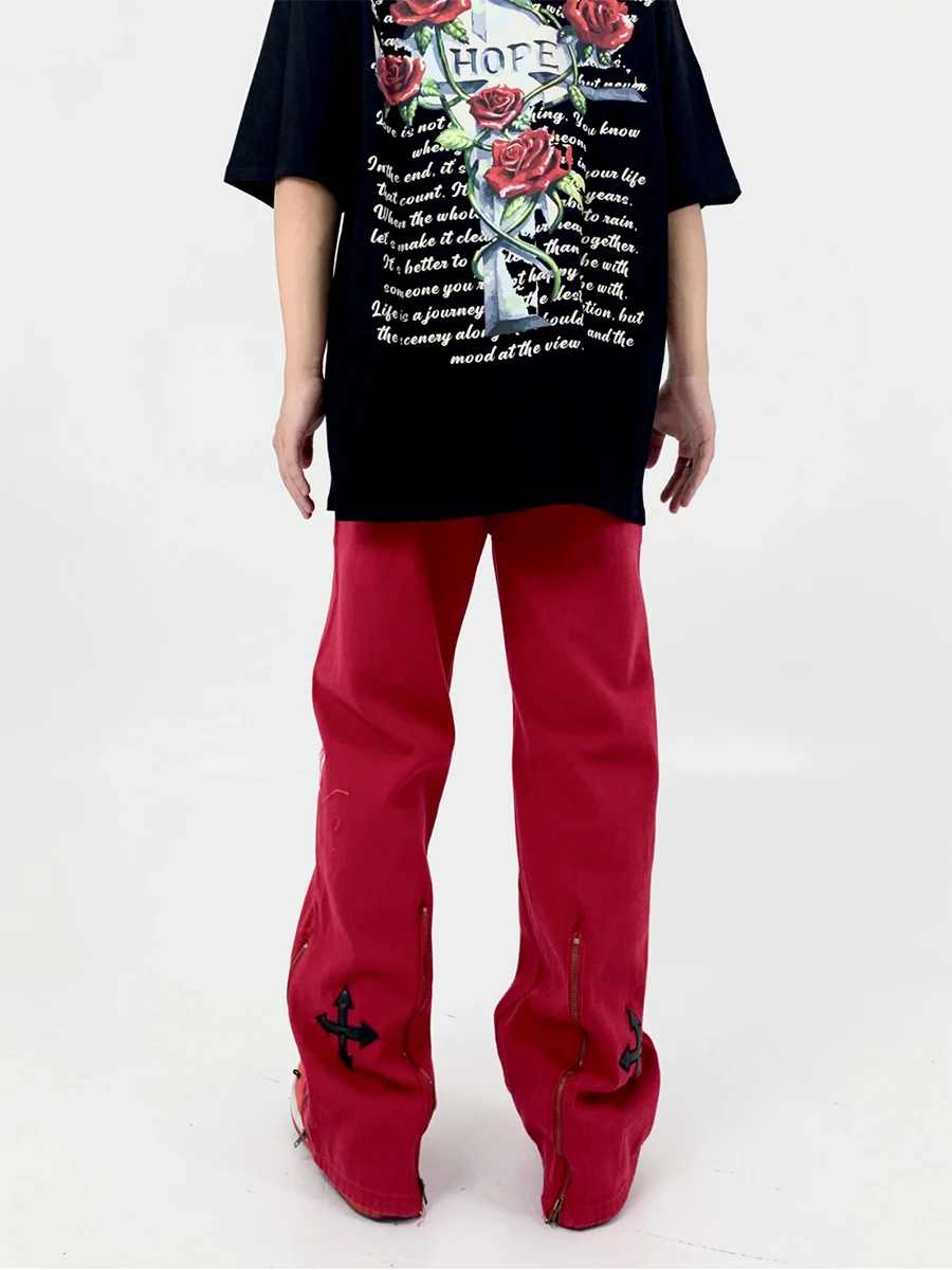 Four Seasons Men Jeans High Street Post Leather Cross Embroidery Wide Leg Pants Street Hip Hop Loose Zipper Slit Wide Leg Pants