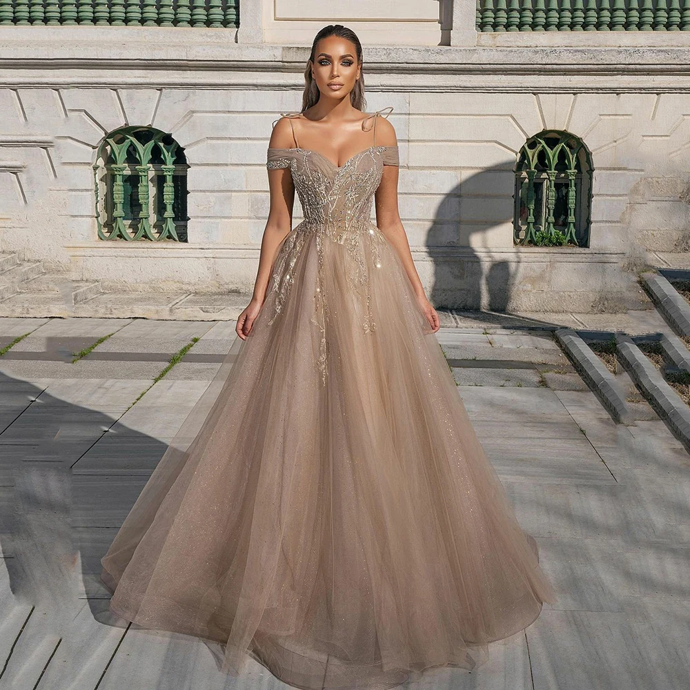 

UZN Modern A-Line Glitter Tulle Prom Dress Sweetheart Off Shoulder Straps Prom Gowns Elegant Beading Evening Dress Robe de bal