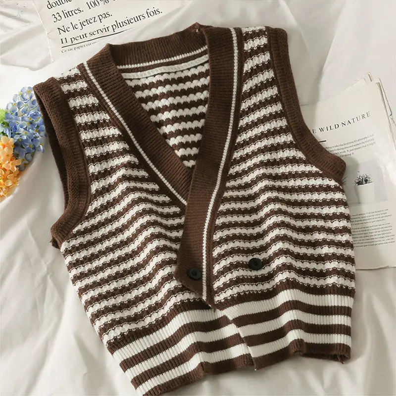 

Кофейный женский полосатый шикарный свитер с V-образным вырезом для девушек и женщин, свободная вязаная верхняя одежда, одежда для отдыха, пальто, топ, одежда для девушек на весну и осень