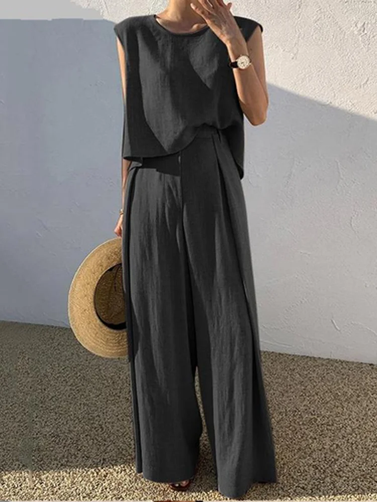 

Solid Color Cotton Linen 2pcs Outfits Women Spring O Neck Vest Top + Button Wide Leg Trousers Suit Summer Sleeveless Female Sets