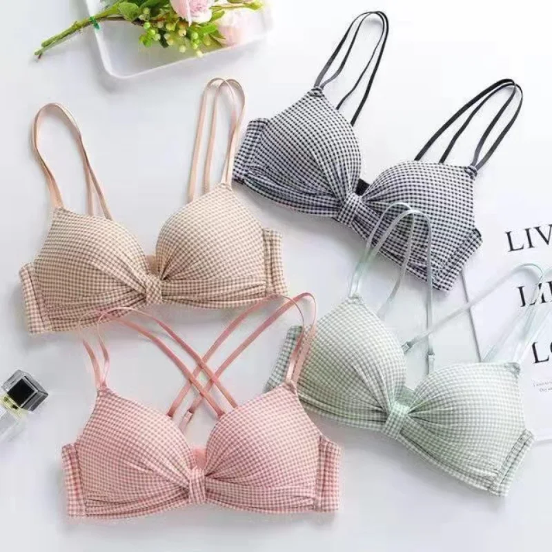 

Small Chest Underwear Women Sexy Gather Wireless Push Up Bras CuteLadies Brassiere Plaid Backless Bra Pink Lingerie for Women