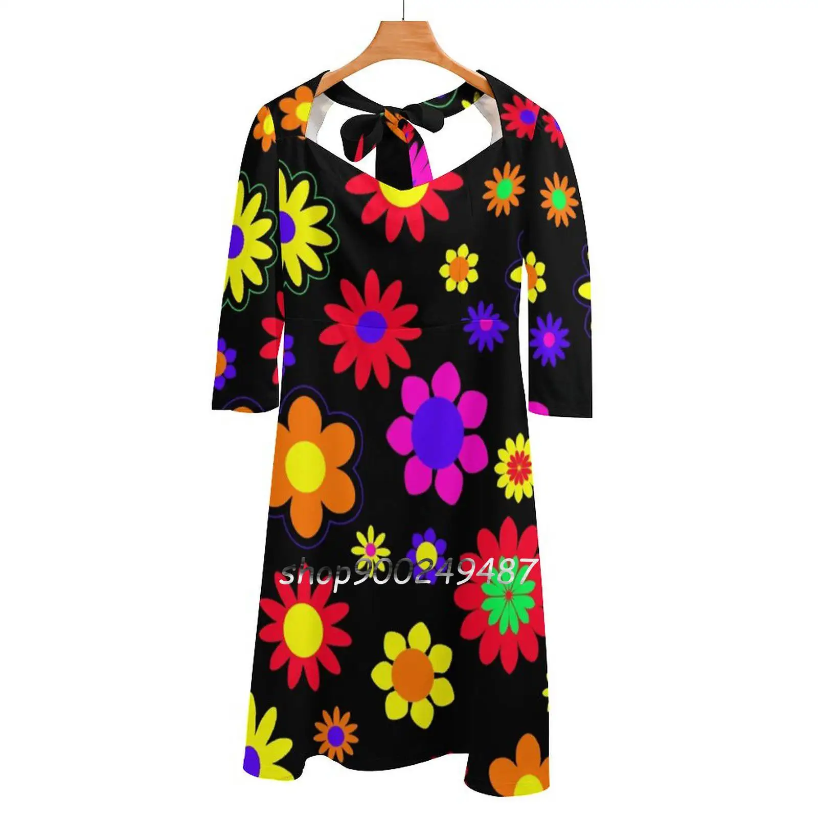 

Retro Hippie Flower Power Pattern Square Neck Dress New Plus Size Elegant Women Waist Tight Dress Hippy Hippie Hipster Retro