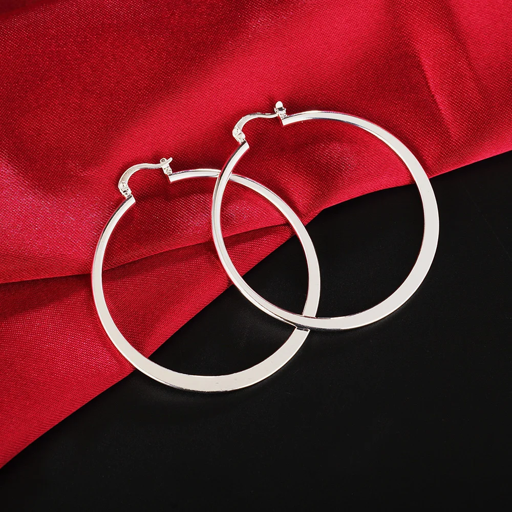 

925 Stamp Silver Color 55MM/5.5CM Flat Round Hoop Earrings For Women Wedding Luxury Quality Fashion Jewelry Accessories Chrismas