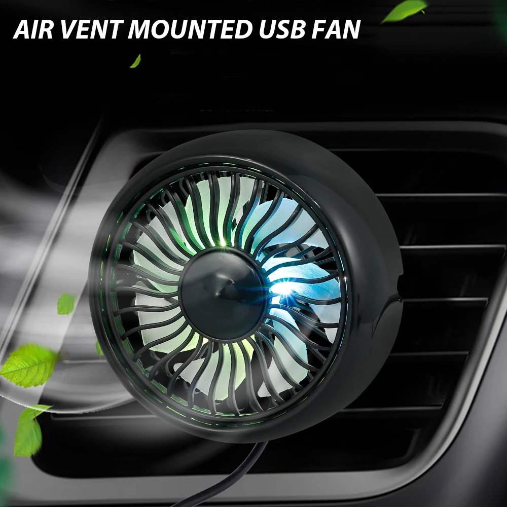 

Air Vent Mounted USB Fan Mini Electric Car Fan Air Conditioner Fan with Colorful Light 360° Rotatable Car Auto Powerful Cooling
