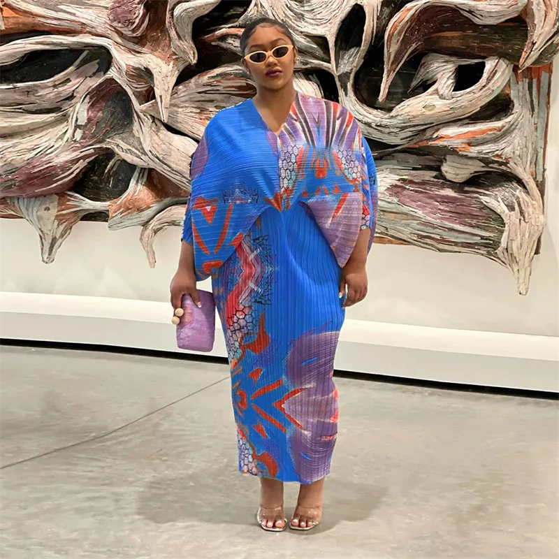 

Znaiml 2023 Elegant Chic Print Party Maxi Dress Women Winter Batwing Sleeve V-neck Pleated Dresses Evening Clubwear Vestidos