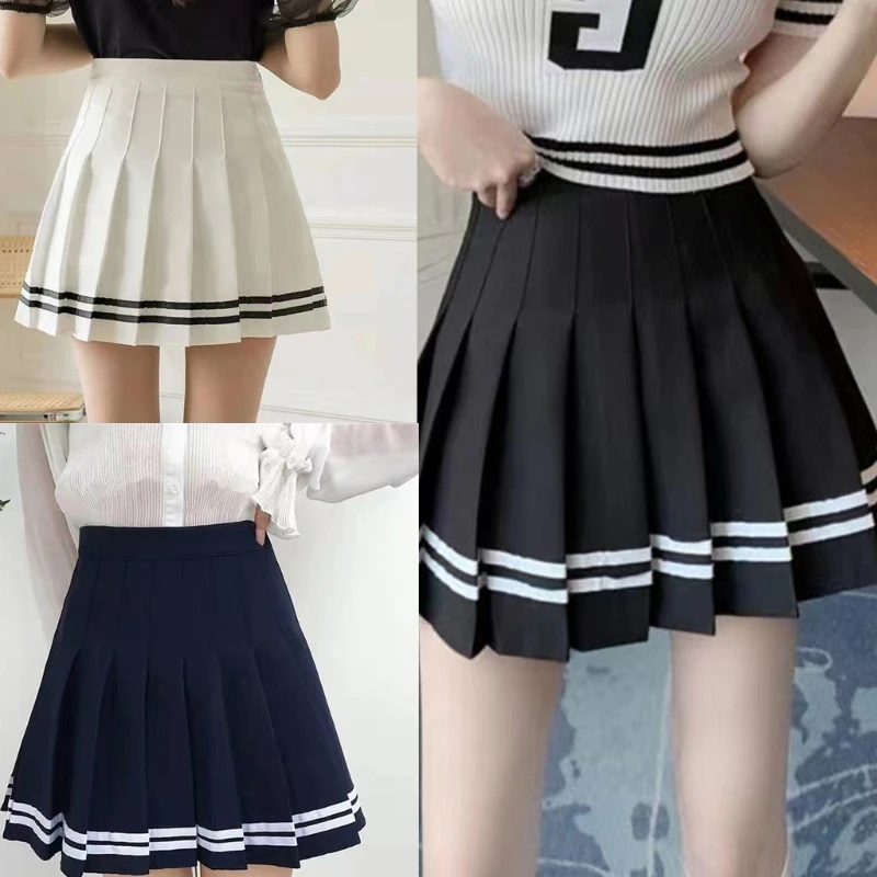 

2023 New Womens High Waist Pleated A-Line Short Skirt School Uniform Double Striped Printed Summer Mini Skater Skirts Streetwear