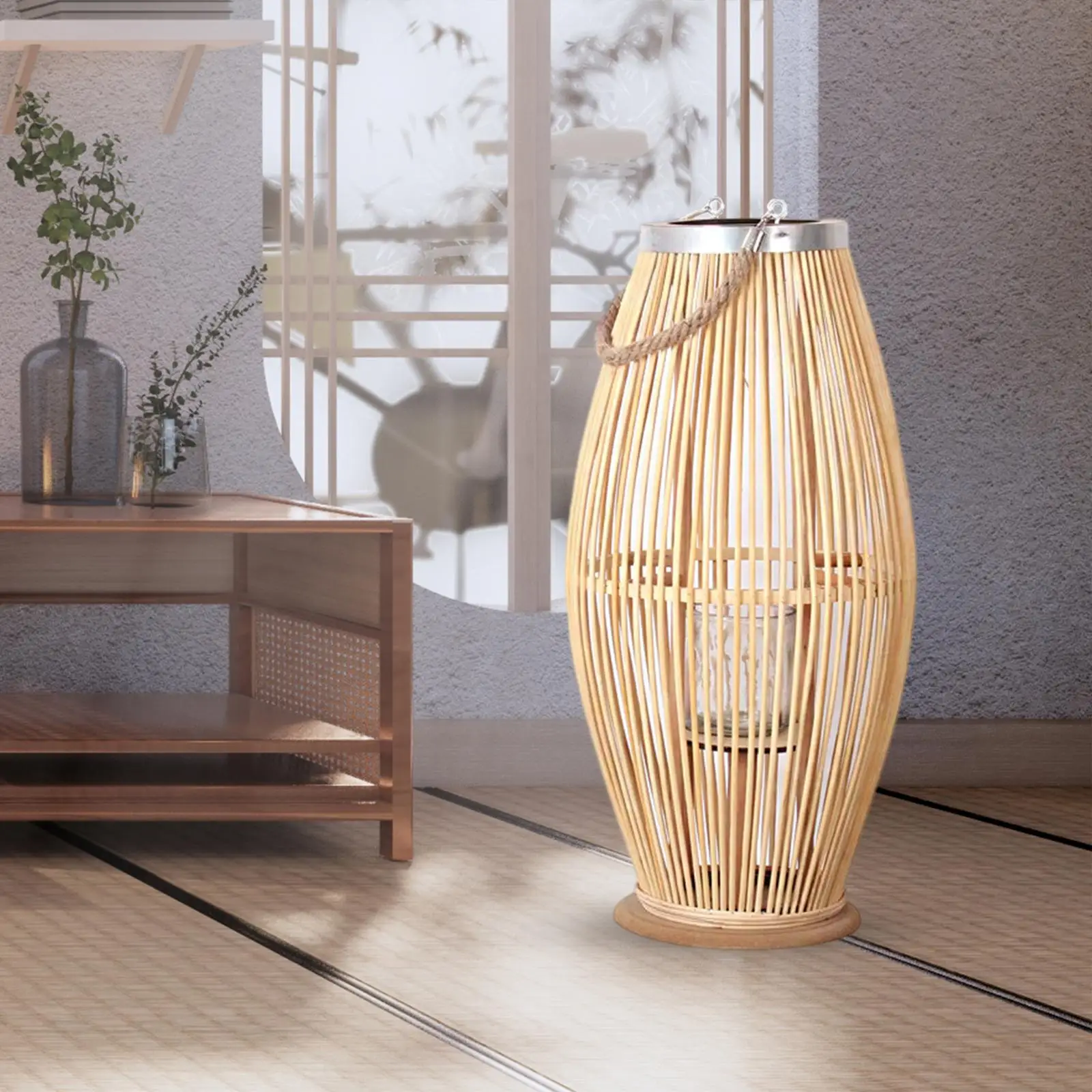 

Bamboo Hand Woven Lantern Candle Holder Wind Lamp Vintage Style Decorative Tea Light Holder for Living Room Table Centerpiece