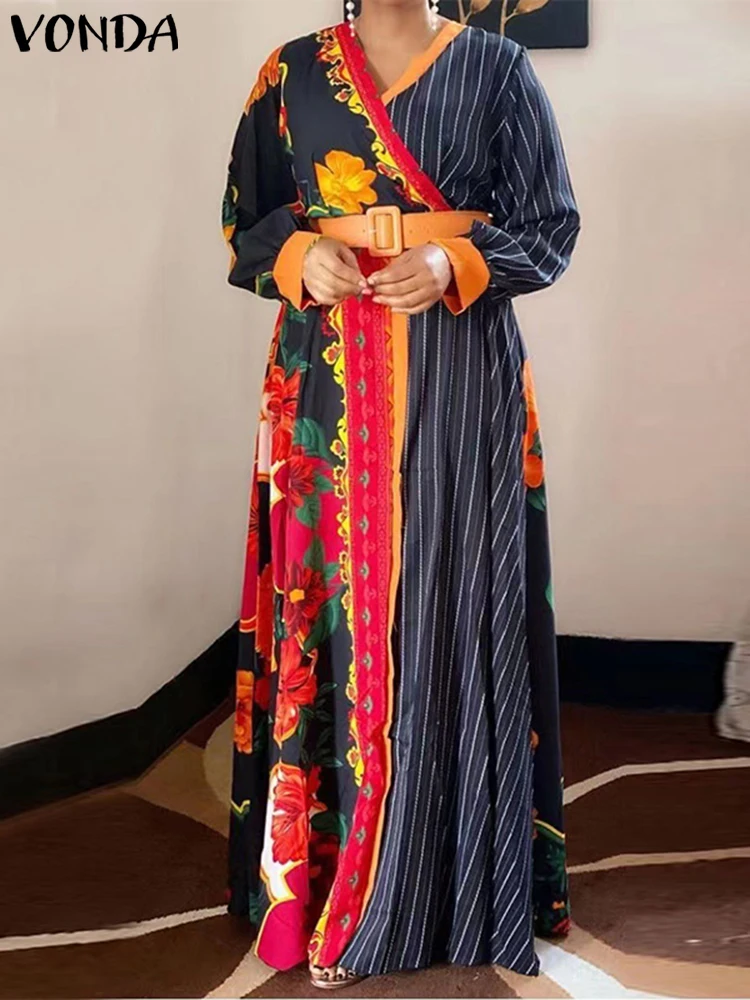 

Bohemian Dress Women Floral Printed Long Maxi Dress 2022 VONDA Vintage Patchwork Sundress Casual Vestidos Oversized Robe Femme
