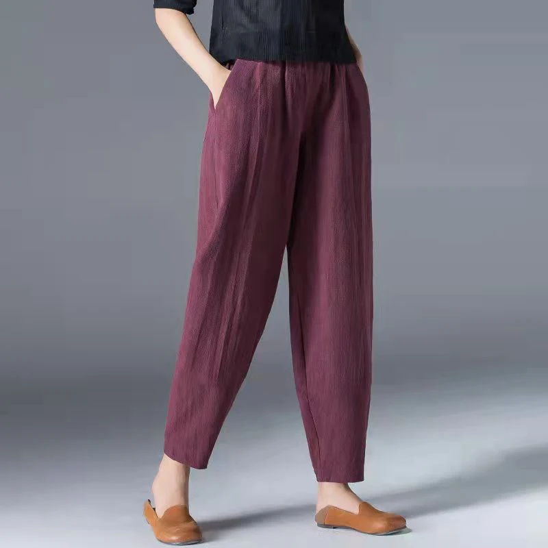 

Cotton Linen Ankle Length Pants Women 2022 Spring Summer Casual Harem Trousers Black White Elastic Waist Loose Pants